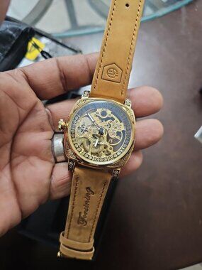 Men's Brow Gold Square Mechanical Leather Strap Self-Wind Carved Automatic Watch